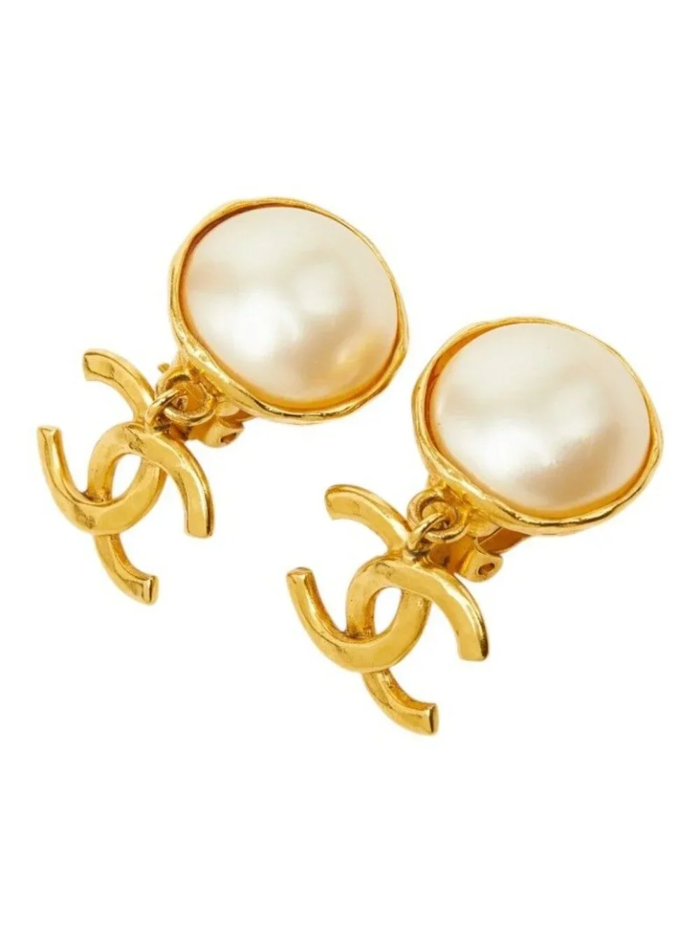 Chanel CC Logo Vintage Swing Earrings 95 Gold Plated Faux Pearl